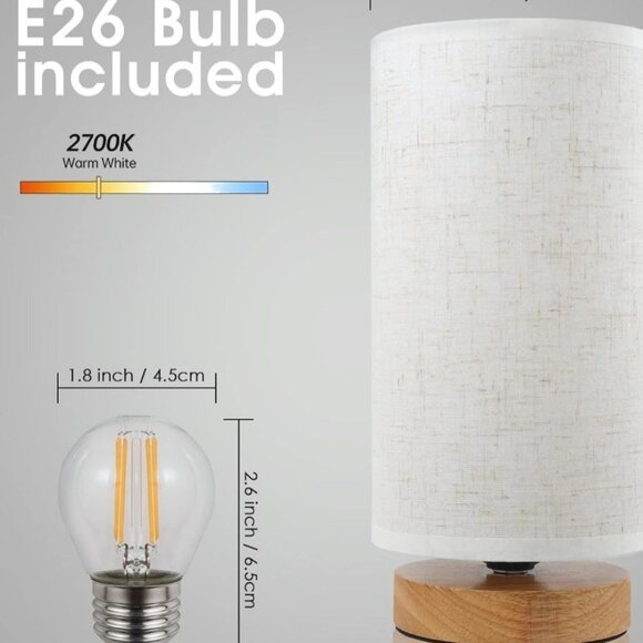 Bedside Table Lamp Daughter Gift Linen Shade Beige Wood Base LED Bulb USB Plug - Picture 7 of 16